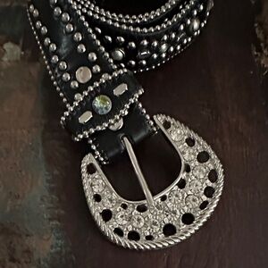 Studded Black Leather Belt with Silver Accents